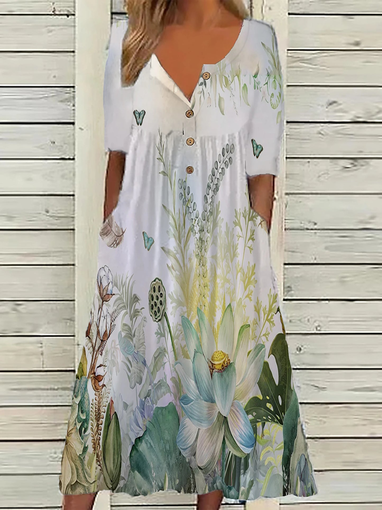 2024 Europe and the United States spring new fashion printed V-neck button short sleeve plus size women's size women's pocket