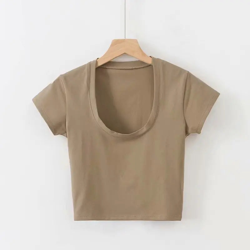 U-Neck Crop Top Solid Color Women Casual High Waist T Shirt Basic Sexy Streetwear Short Sleeve Slimming