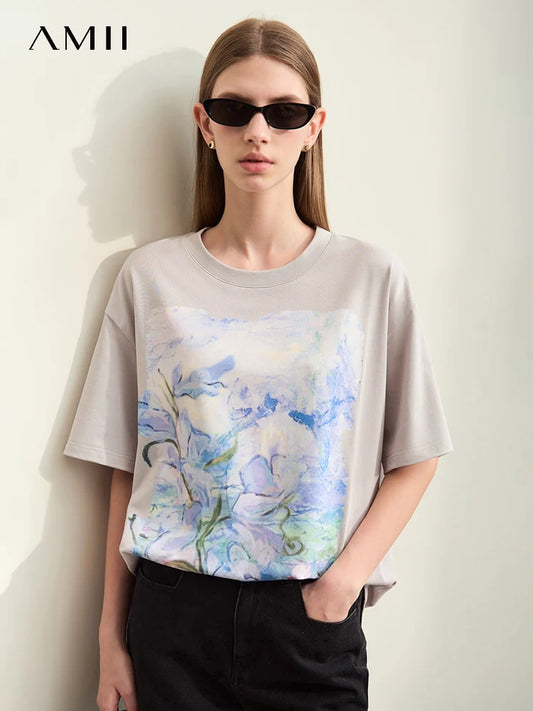 Amii Minimalism T-shirt For Women 2024 Summer New Short-sleeve Cotton Mid-length Art Oil Paint Print Casual Female Tops 12442171