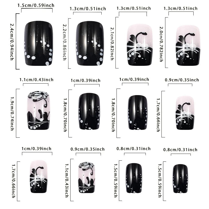 24Pcs Short Square Sweet Cool False Nails Black Flower Wearable French Nails Press on Detachable Autumn Winter Acrylic Nail Tips Viralgem Store