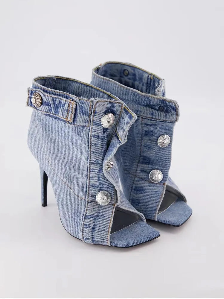 2024 Summer Brand New Pocket Design Fashion Denim High Heel Sandals Popular Charming Woman Shoes Comfort Slippers