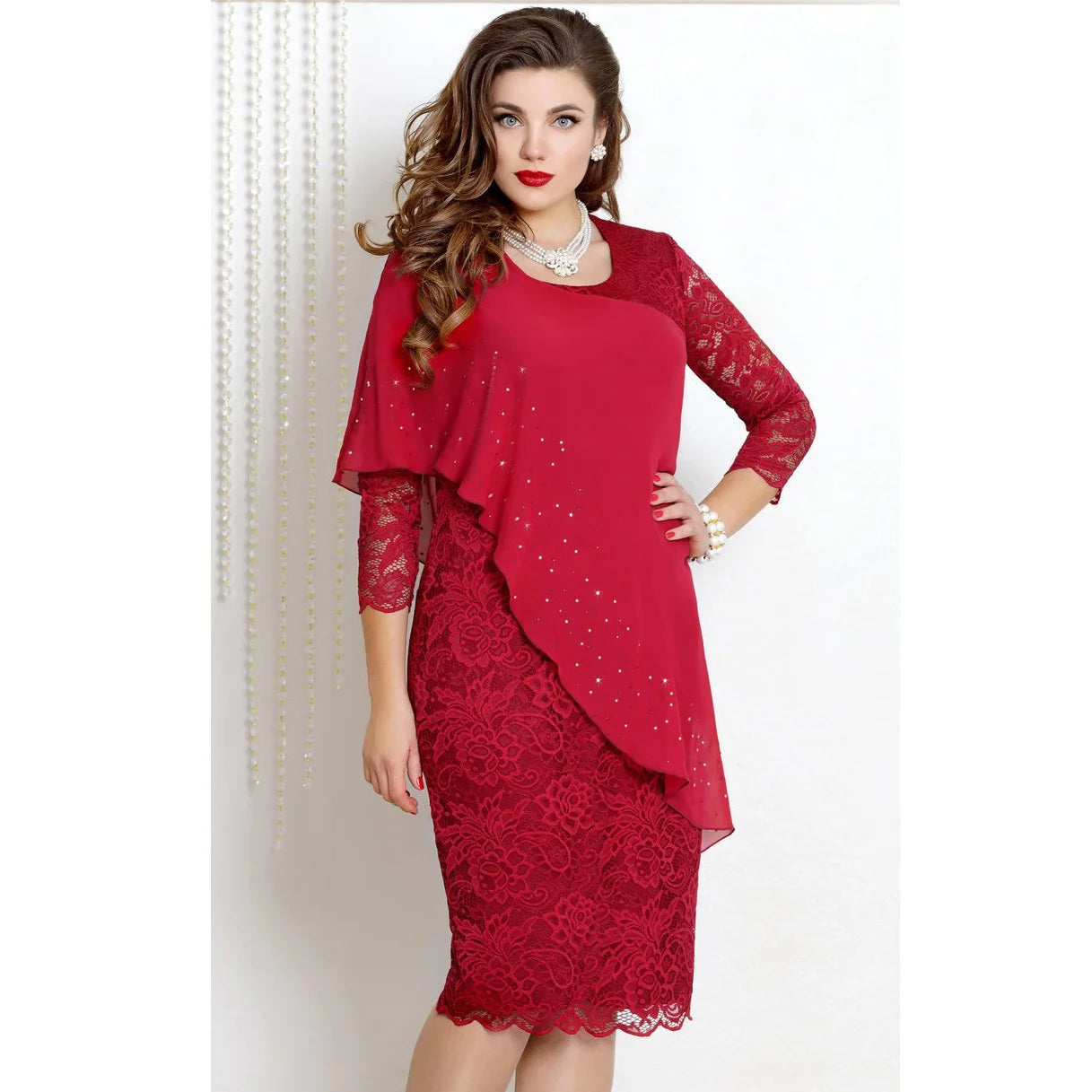 Women's Plus Size New Year Knitted Dresses 2022 Mesh Lace Long Sleeve Stitching Luxury Evening Fake Two-piece Chiffon Dress 90s