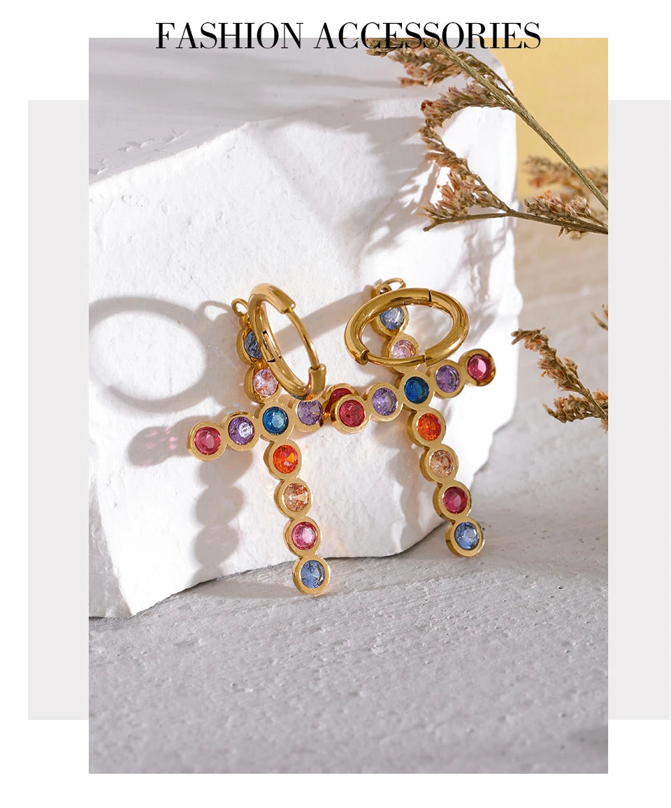 Yhpup Waterproof Colorful Cubic Zirconia Stainless Steel Cross Drop Hoop Earrings Fashion Daily Men Women Unisex Golden Jewelry
