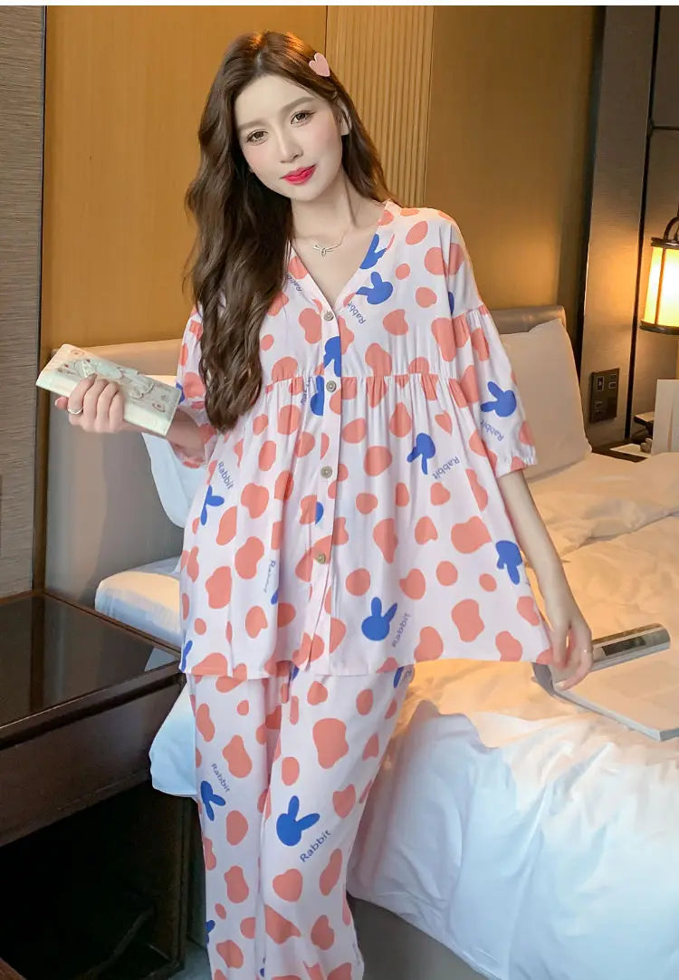 2023 New Cotton Silk Summer Pajamas Suit Plus Size Loose Ladies Home Clothes Two-piece Casual Style Thin