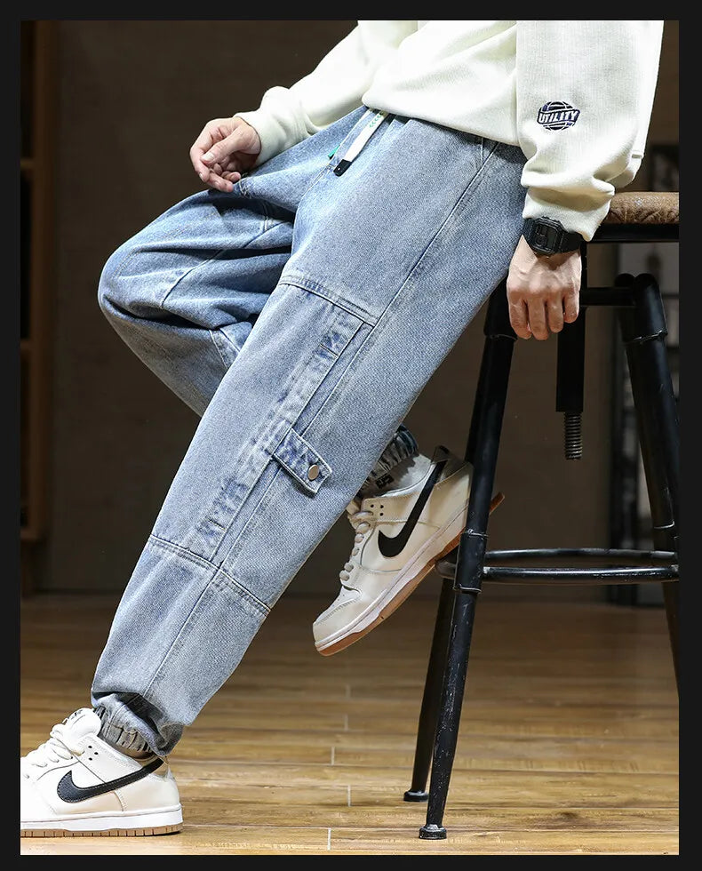 Spring Autumn Jean Men Elastic Waist Harem Hip-hop Denim Pant Male Street Fashion Big Size Loose Fit Baggy Jogger Cowboy Trouser
