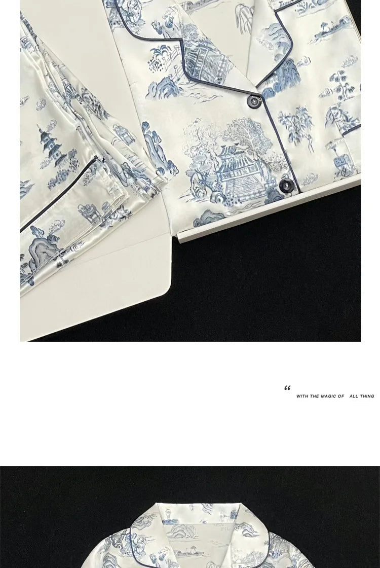 Women's Pajamas Sets Spring Autumn 2 Piece Paint Print Pyjama Faux Silk Satin Sleepwear Long Sleeve Pijama Mujer Pjs Homewear