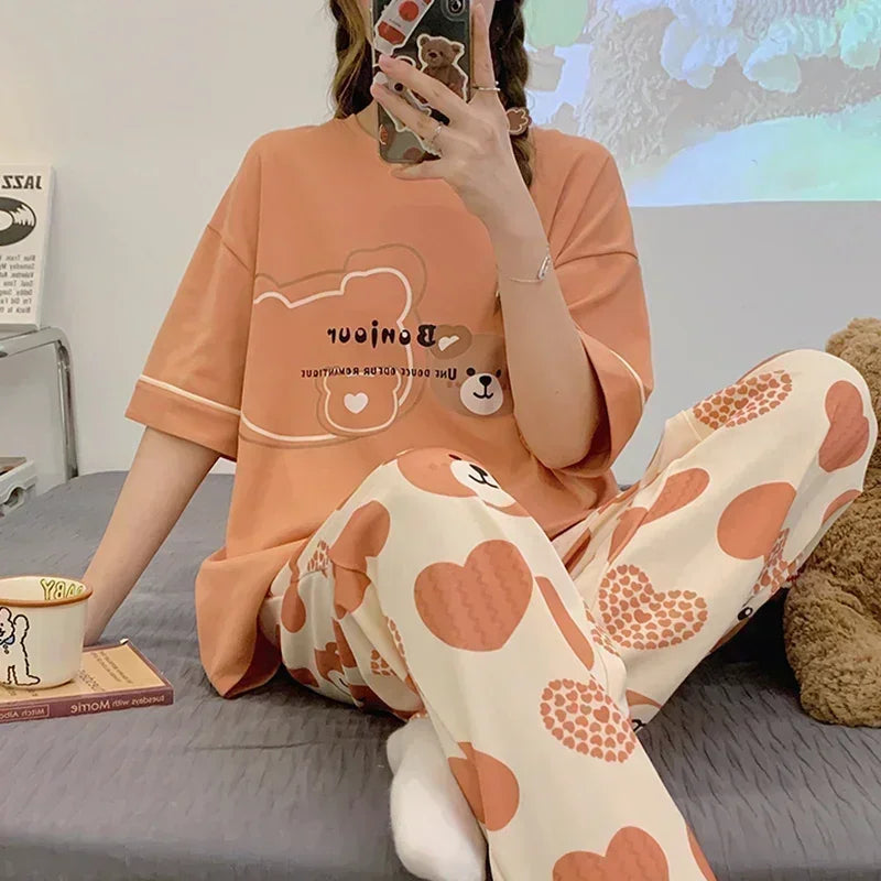 Spring Summer Women Pajamas Soft Cotton Cute Rabbit Print Pijamas Short Sleeved Plaid Pants Sleepwear Fashion Home Wear