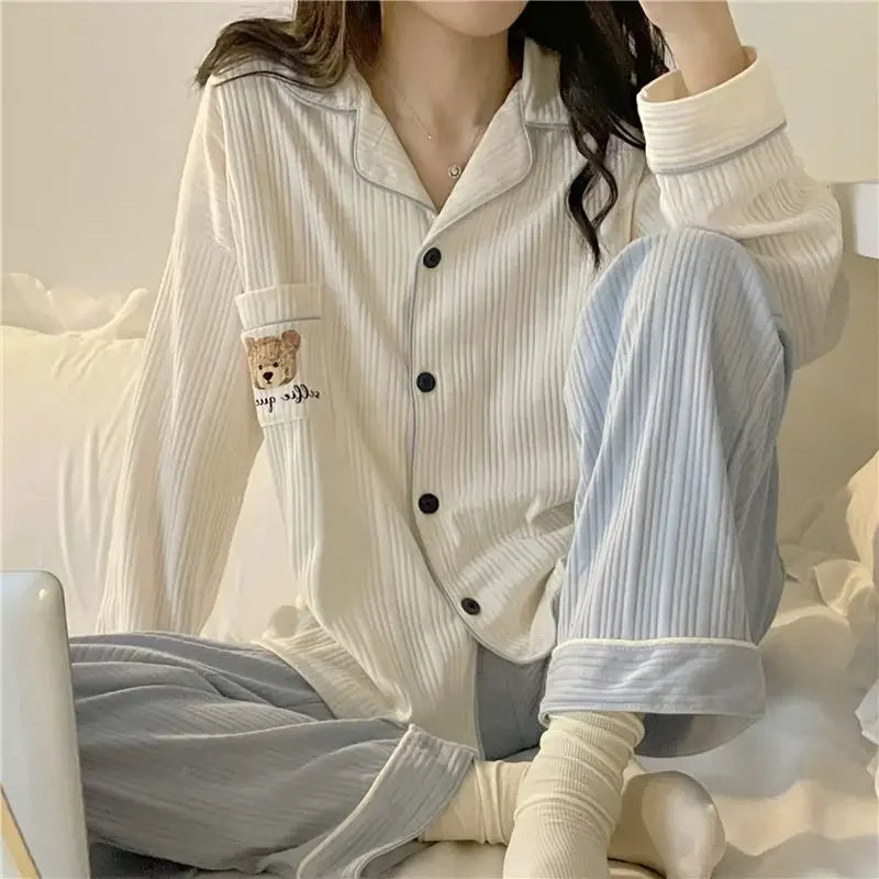 2 Pieces Womens Pajamas Long Sleeve Sleepwear Korean Heart Print Pijama Set Casual Nightwear Lady Home Suit Spring Pyjama Nighty