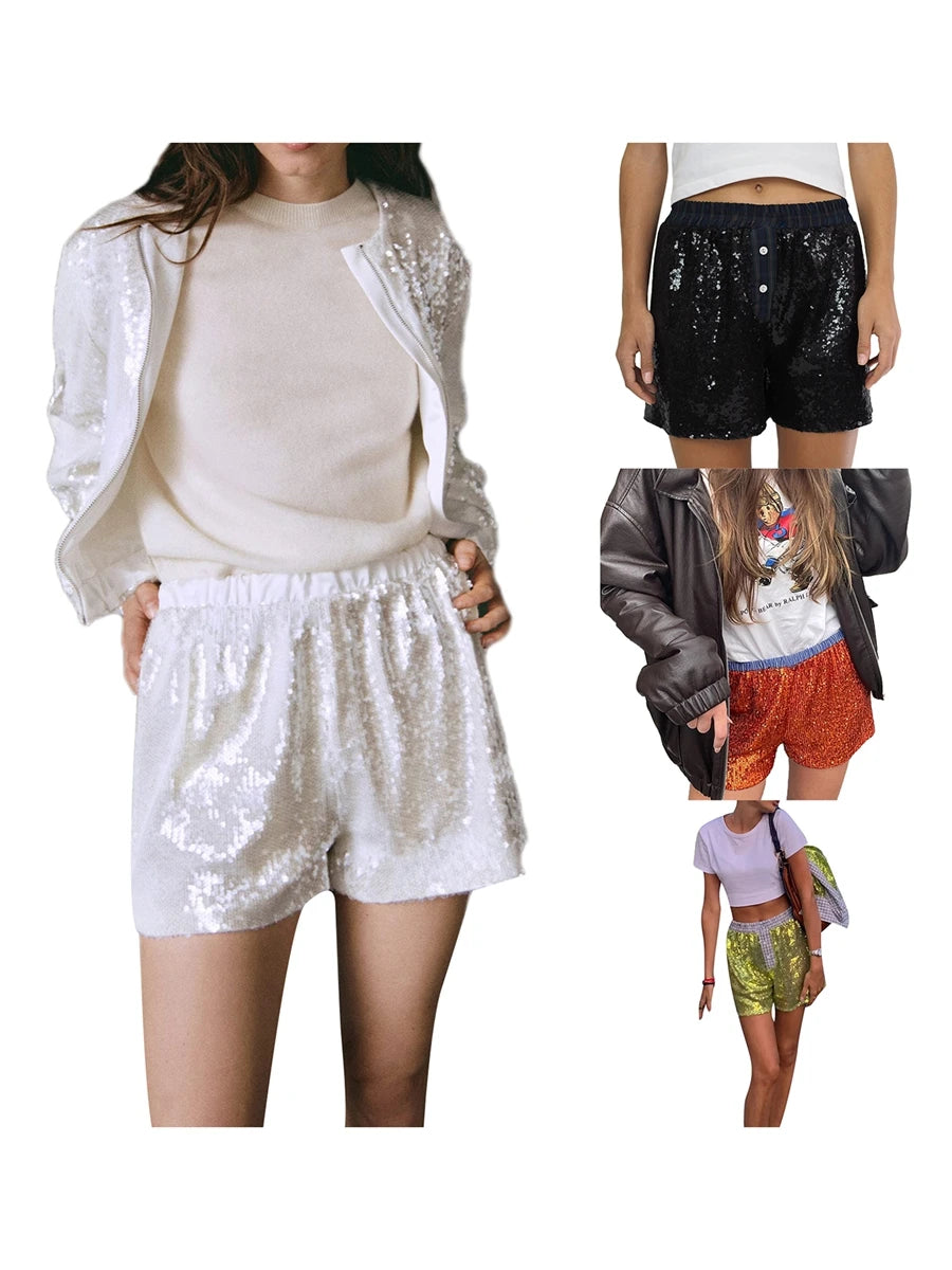 Women Mini Sequin Shorts  Sexy Hot Elastic Waist Shiny Shorts Summer Casual Shorts Streetwear for Carnival Party Clubwear