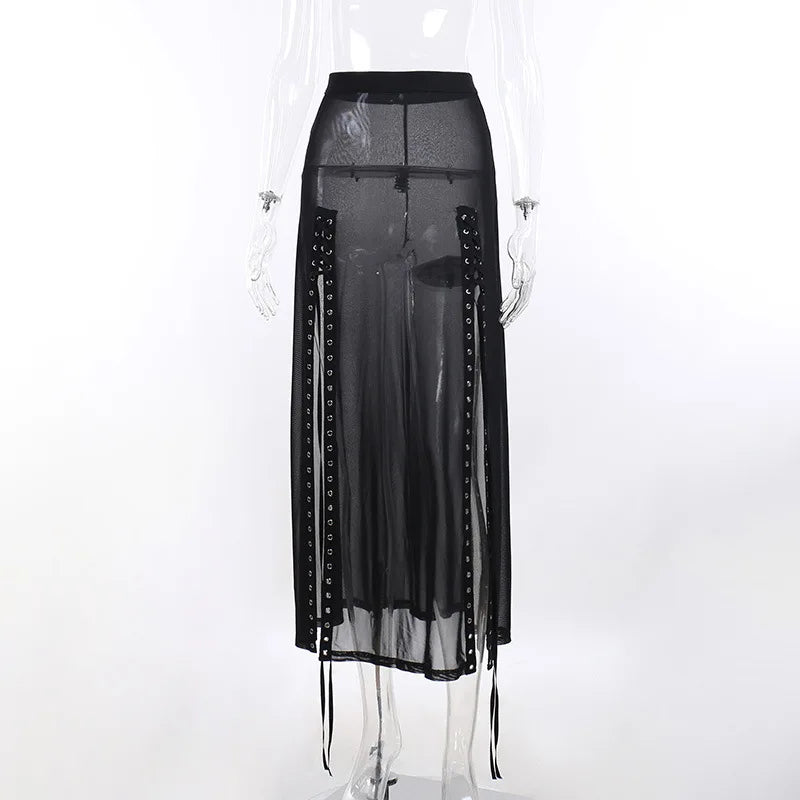 Yangelo Goth Grunge Skirt With Buckle Women Y2K Punk Sexy Bottoms Patchwork Split Long Skirts Summer Zipper See Through Clothes