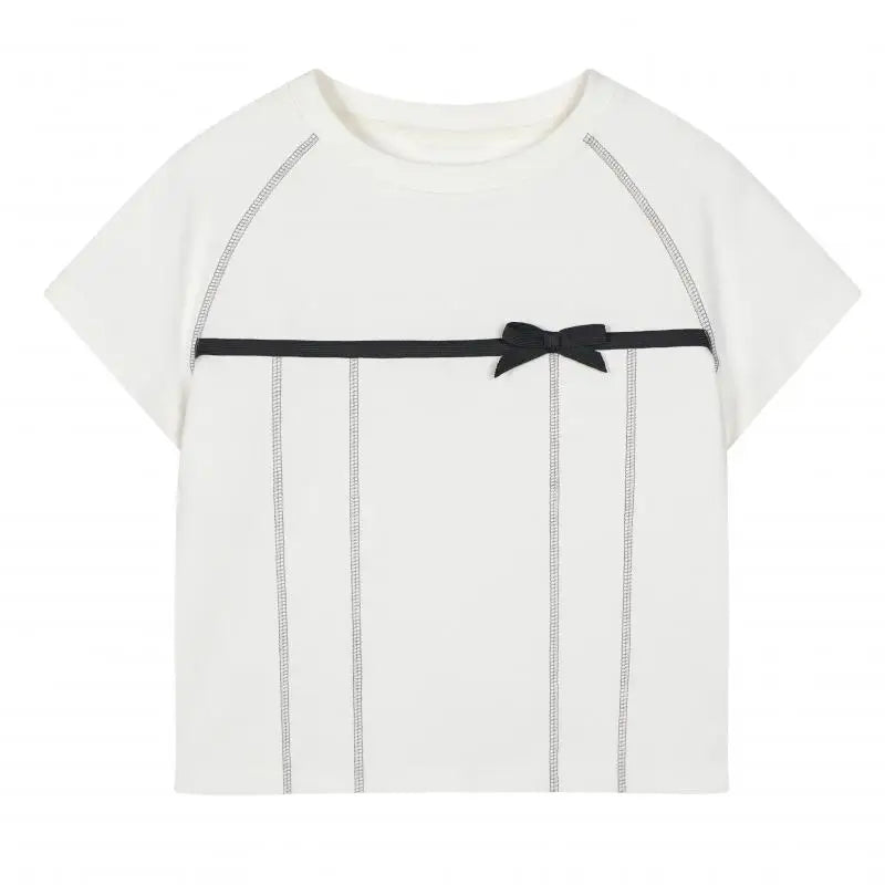Yedinas High Quality Cotton T Shirt Women Clothes Korean Fashion Summer Tops Short Sleeve Bow Bright Line Decoration Tees Y2k