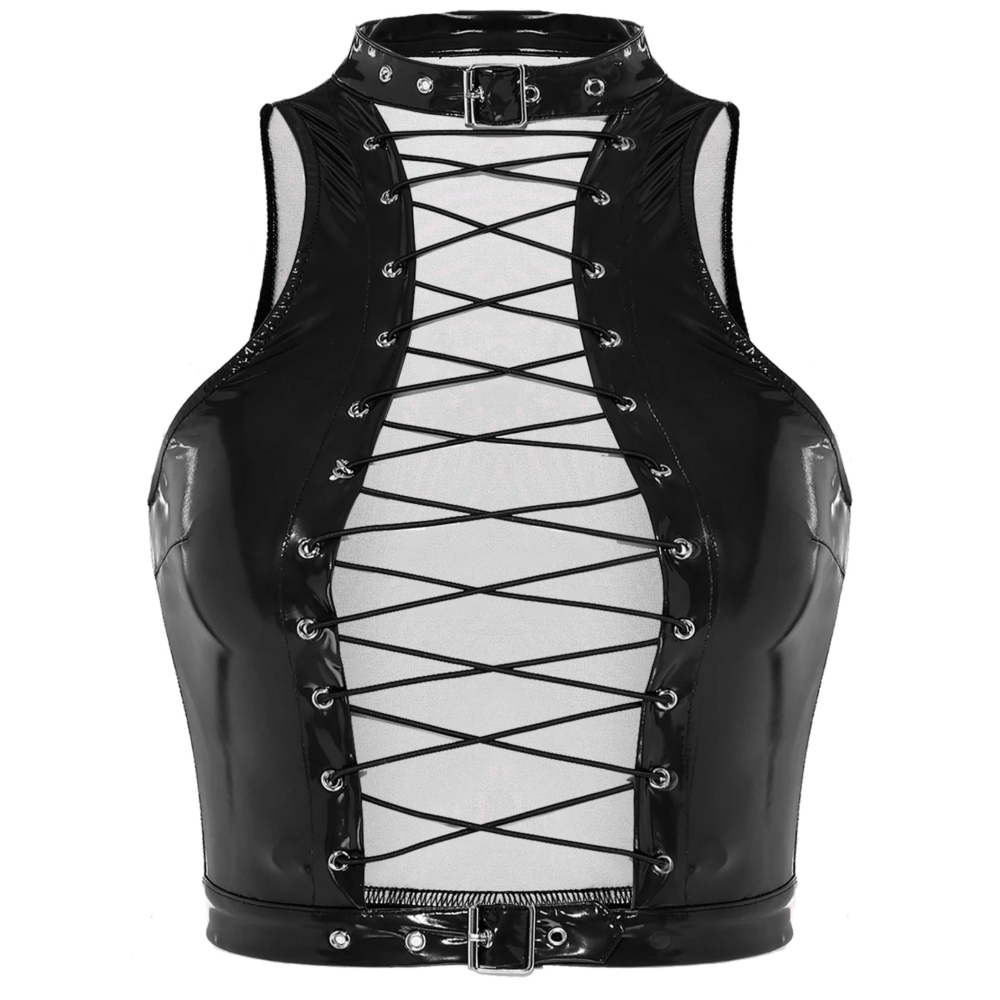 Women's Patent Leather Sleeveless Crop Tops Gothic Punk Corset Top Adjustable Round Neck Lace-up Vest Party Clothes Clubwear