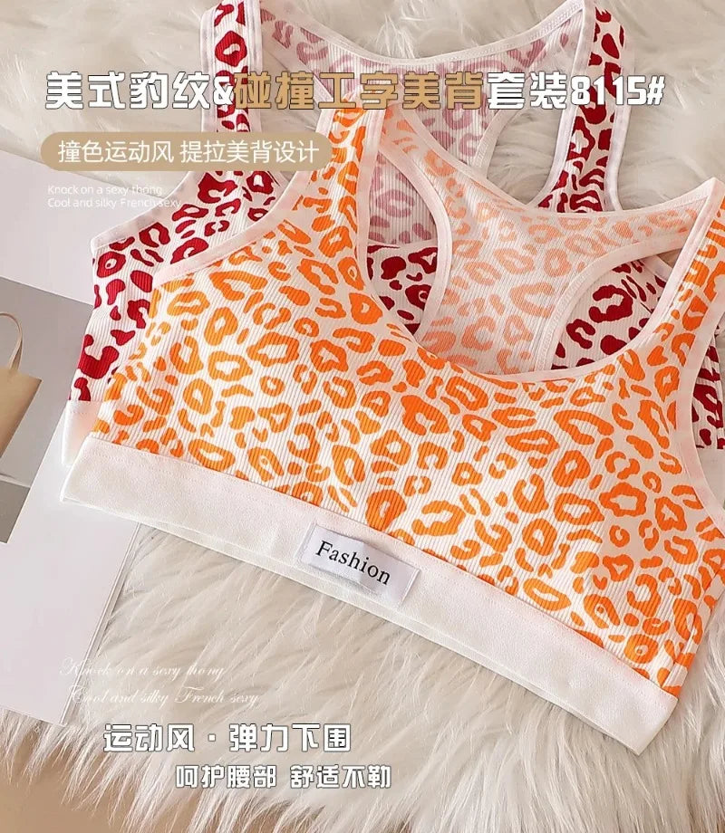Women Seamless Bra Set Low Waist Panties Leopard Bralette Sexy Lingerie Set Vneck Sport Brassiere Female Cotton Underwear Set