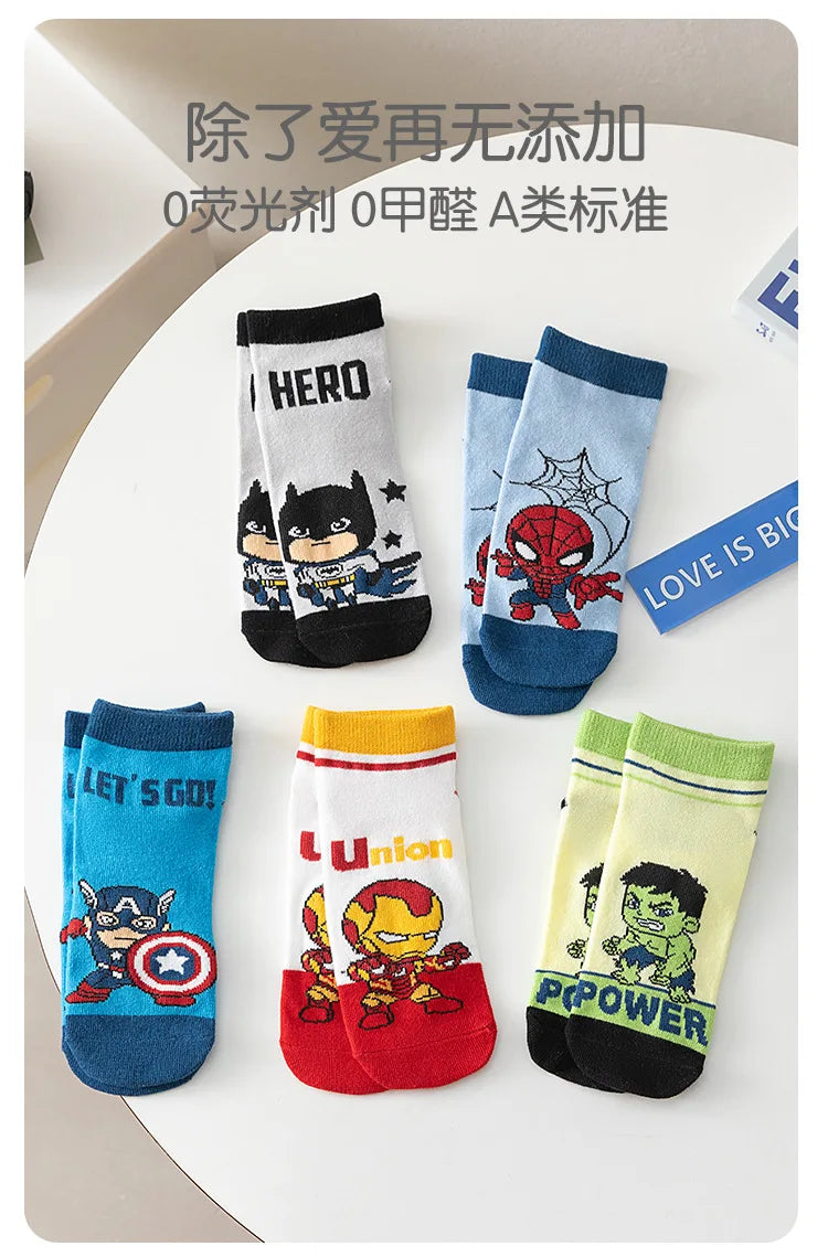 5 Pairs Spiderman Cotton Children's Socks iron Man Hulk Thor Anime kids Boys Short Socks Cartoon Baby Spring Summer Sock Y