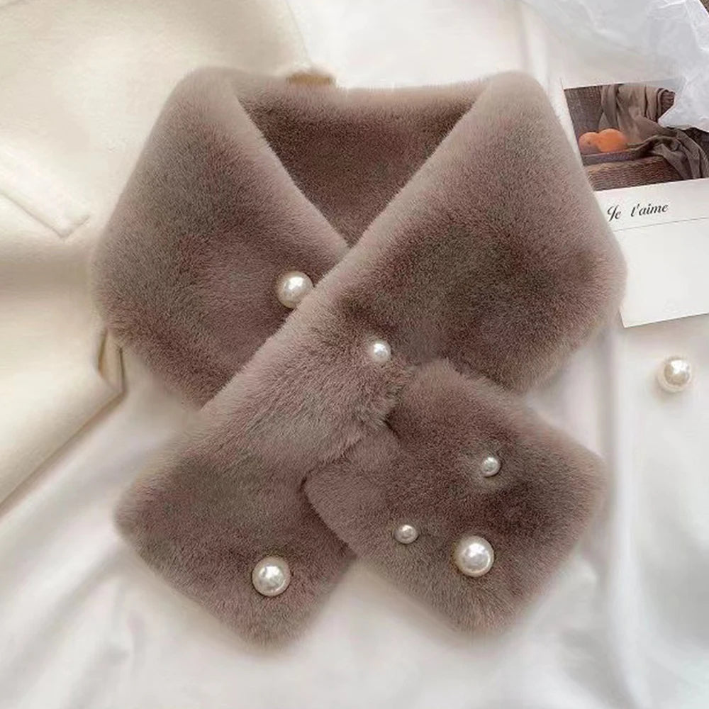 2023 Pearl Faux Rabbit Fur Scarf Women Cute Neck Warmer Winter Warm Soft Furry Scarves Outdoor Windproof Cross Scarf Collar New