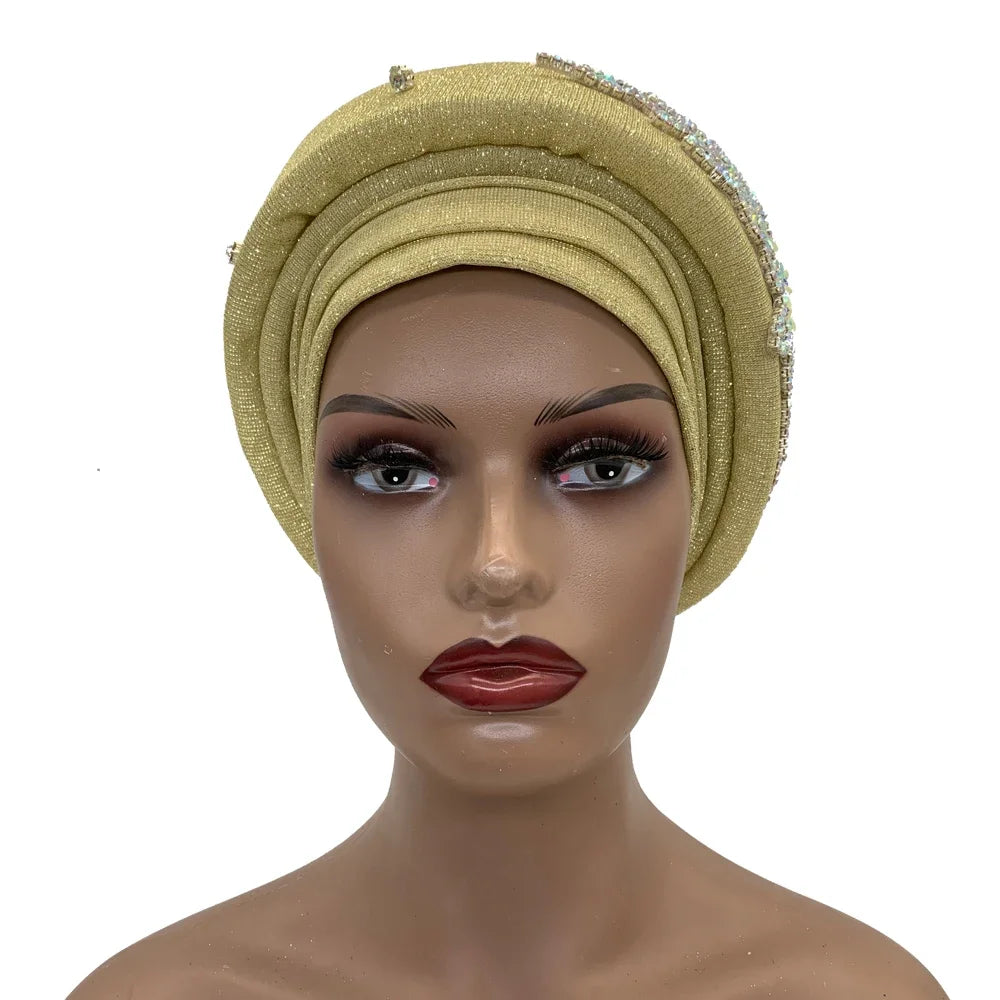 African Wrap Head Headgear Nigeria Auto Gele Headtie Turbante Mujer Luxury Rhinestone Turban Hat for Women Glitter