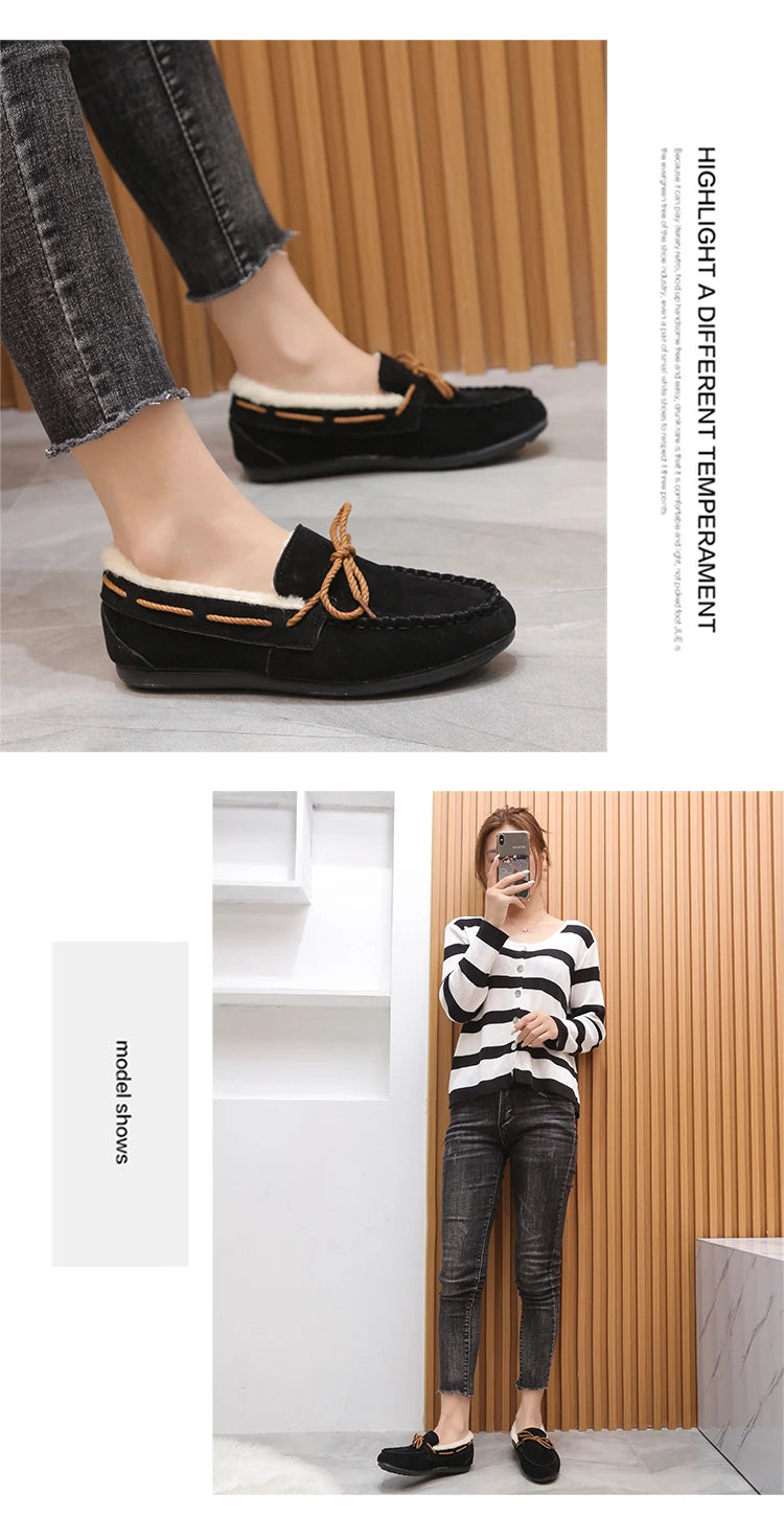 2023 autumn and winter new Doudou shoes women plus cashmere warm bow Korean version of casual shallow mouth flat lazy cotton sho