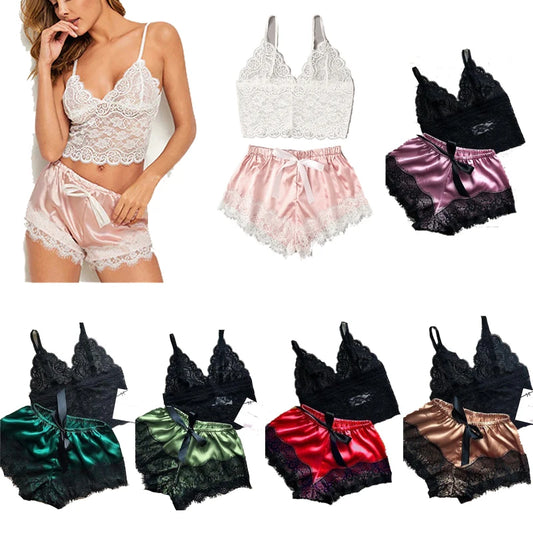 1 Set Women's Sexy Fashion Casual Lace Sleepwear Lingerie Tops Shorts Set Ladies Erotic Babydoll Pajamas Nightwear Underwear New
