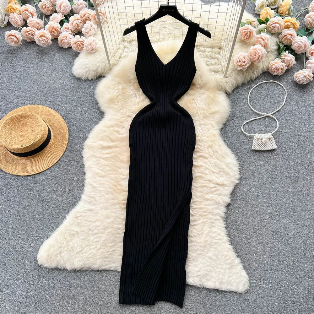Women V Neck Solid Ribben Knitted Dresses Casual All Match Slimple Sexy Package Hips Bodycon Dress Elegant Vestidos Streetwear Viralgem Store