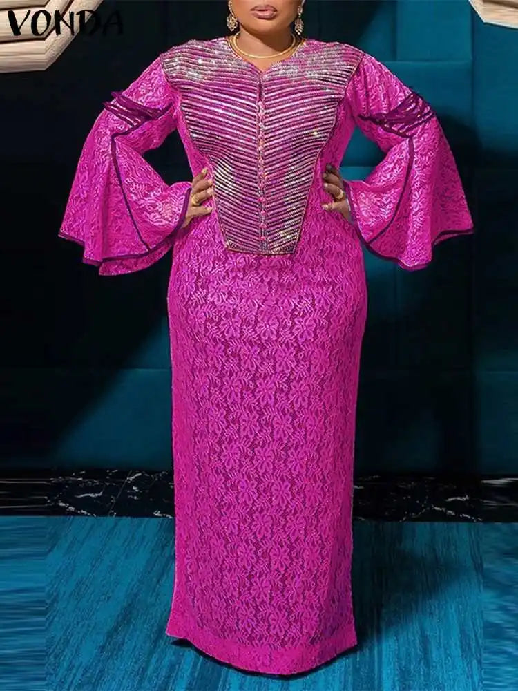 2024 VONDA Women Bohemian Dress Summer Printed Maxi Sundress V-Neck Long Flare Sleeve Party Vestidos Fashion Casual Loose Robe Viralgem Store