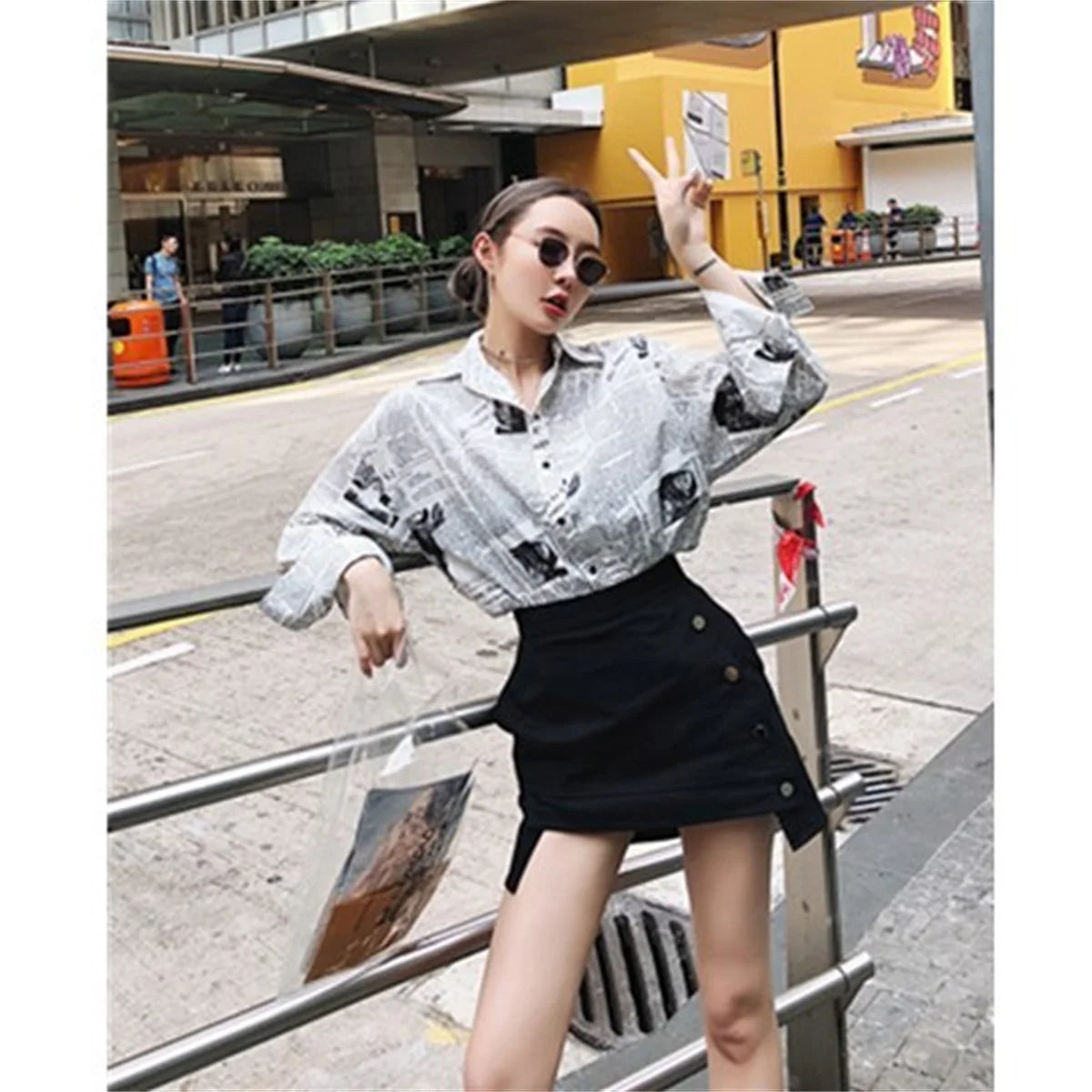 Trendy Shirt Blouse Simple Thin Newspaper Print Shirt Summer Loose Shirt Top Women Solid Color Sun Protection Shirt Streetwear Freshlook Styles