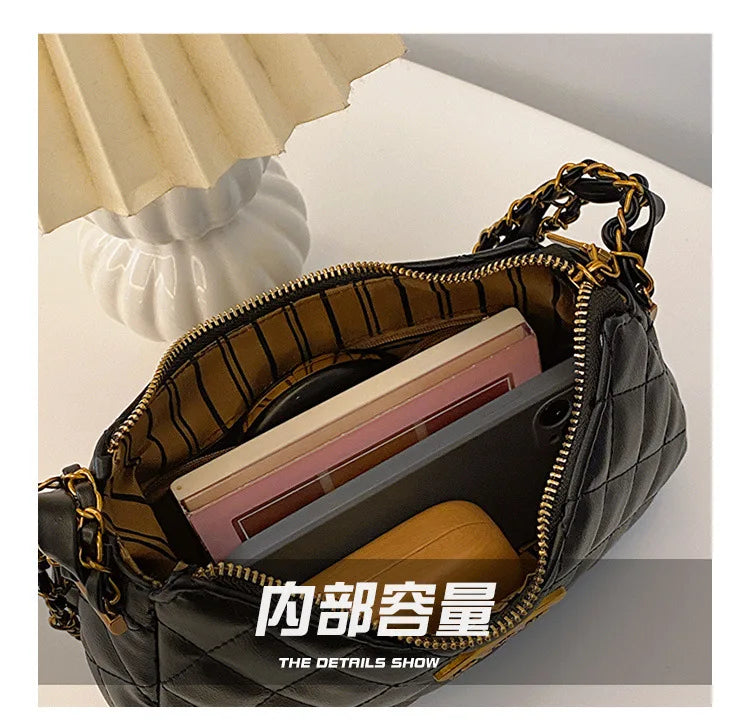 Advanced texture diamond grid small bag for women's 2025 autumn and winter new retro light luxury chain shoulder armpit bag