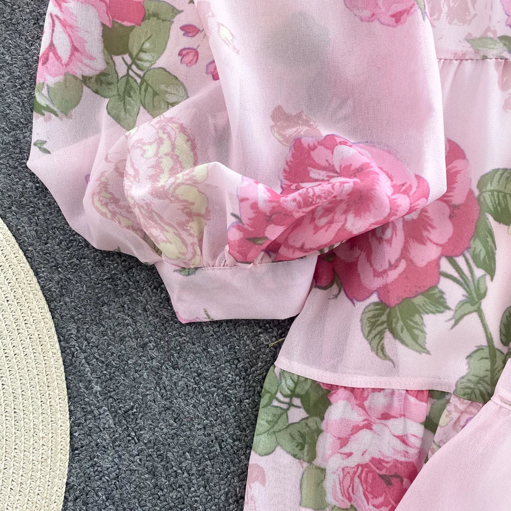 Spring Autumn Women Floral Chiffon Long Dress Vintage Purple/Pink/Black/Beige Stand Collar Single Breasted Maxi Robe Elegant New Viralgem Store