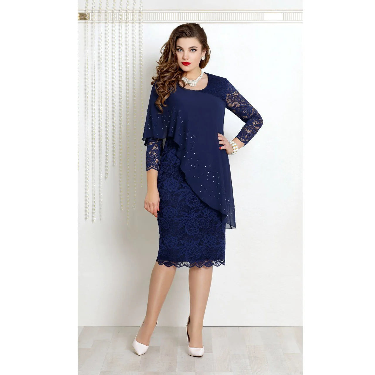 Women's Plus Size New Year Knitted Dresses 2022 Mesh Lace Long Sleeve Stitching Luxury Evening Fake Two-piece Chiffon Dress 90s
