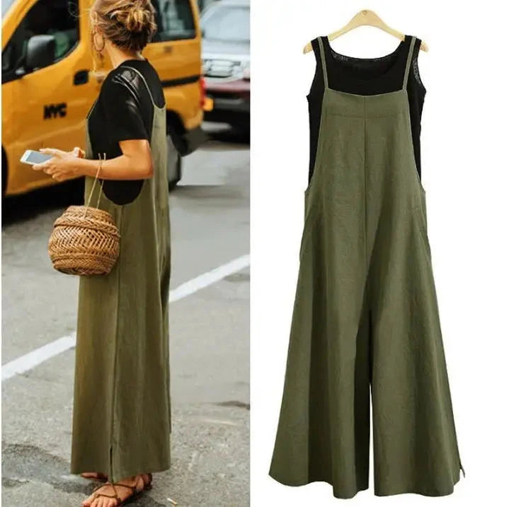 Women Straps Jumpsuit Summer Solid Color Wide Leg Pants Dungaree Bib Overalls Casual Loose Sleeveless Cotton Linen Jumpsuits 5Xl Viralgem Store