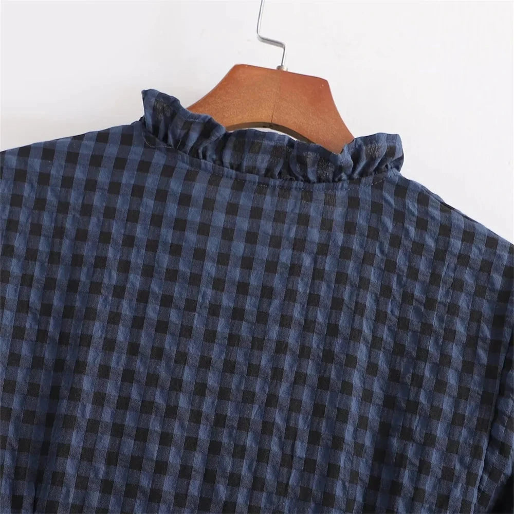 Spring New Product Women's Casual Style Slim Fit Lace Collar Decoration Long sleeved Plaid jumpsuit Viralgem Store