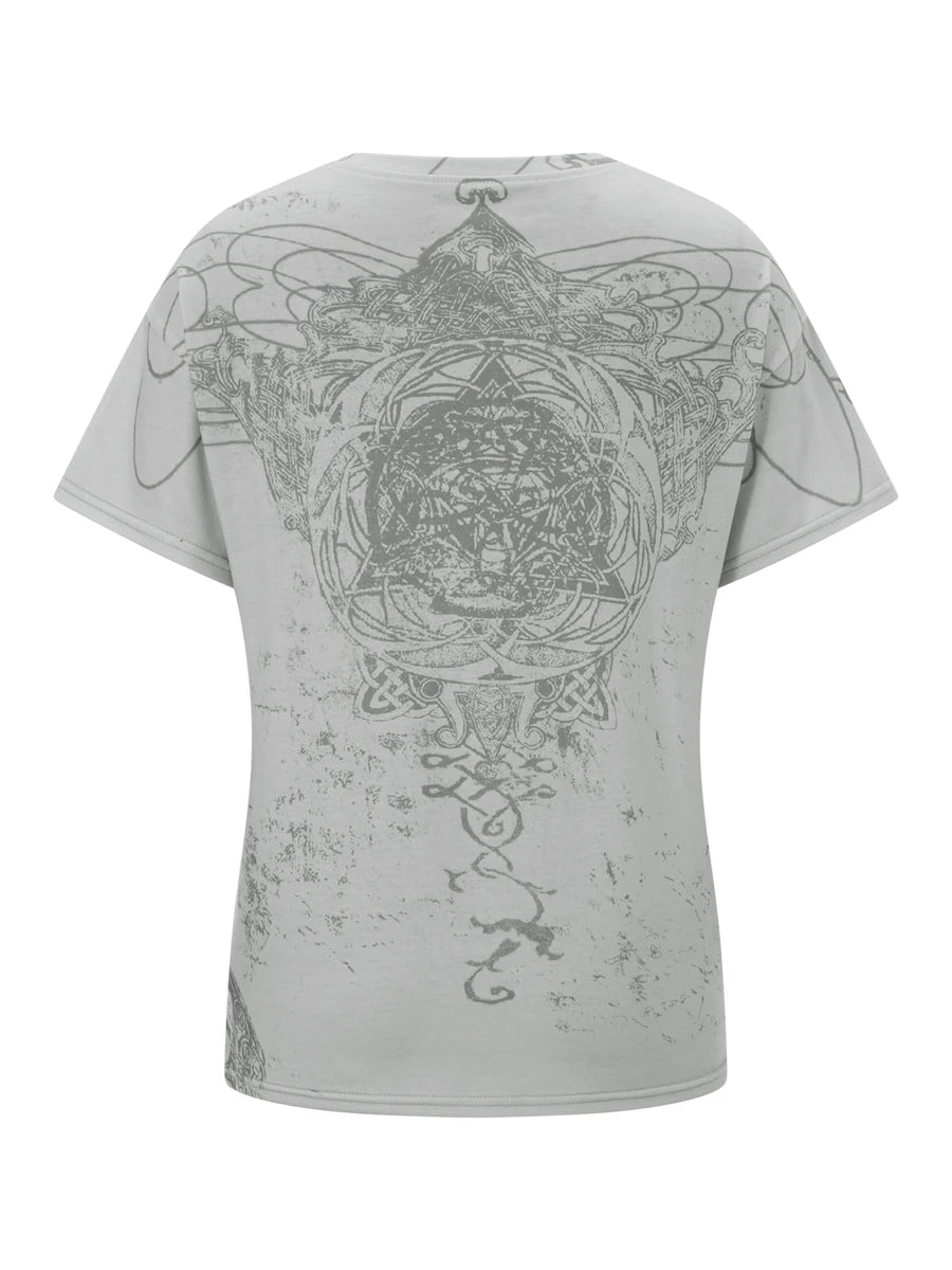 y2k Grunge Crop Top Women Summer Gothic Star Print Round Neck Short Sleeve T Shirt 2000s Cybercore Clothes Streetwear