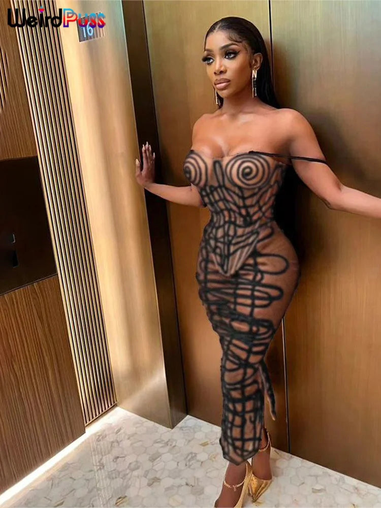 Weird Puss Stripe Print Sexy 2 Piece Set Women See Through Coquette Camisole+Long Skirts Midnight Clubwear Party Matching Suits Viralgem Store