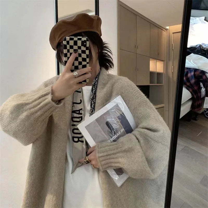 Zoki Autumn Winter Thicken Warm Women Cardigan Sweater Korean Lazy Wind Soft All Match Cardigans Tops Solid Loose Knitted Coats