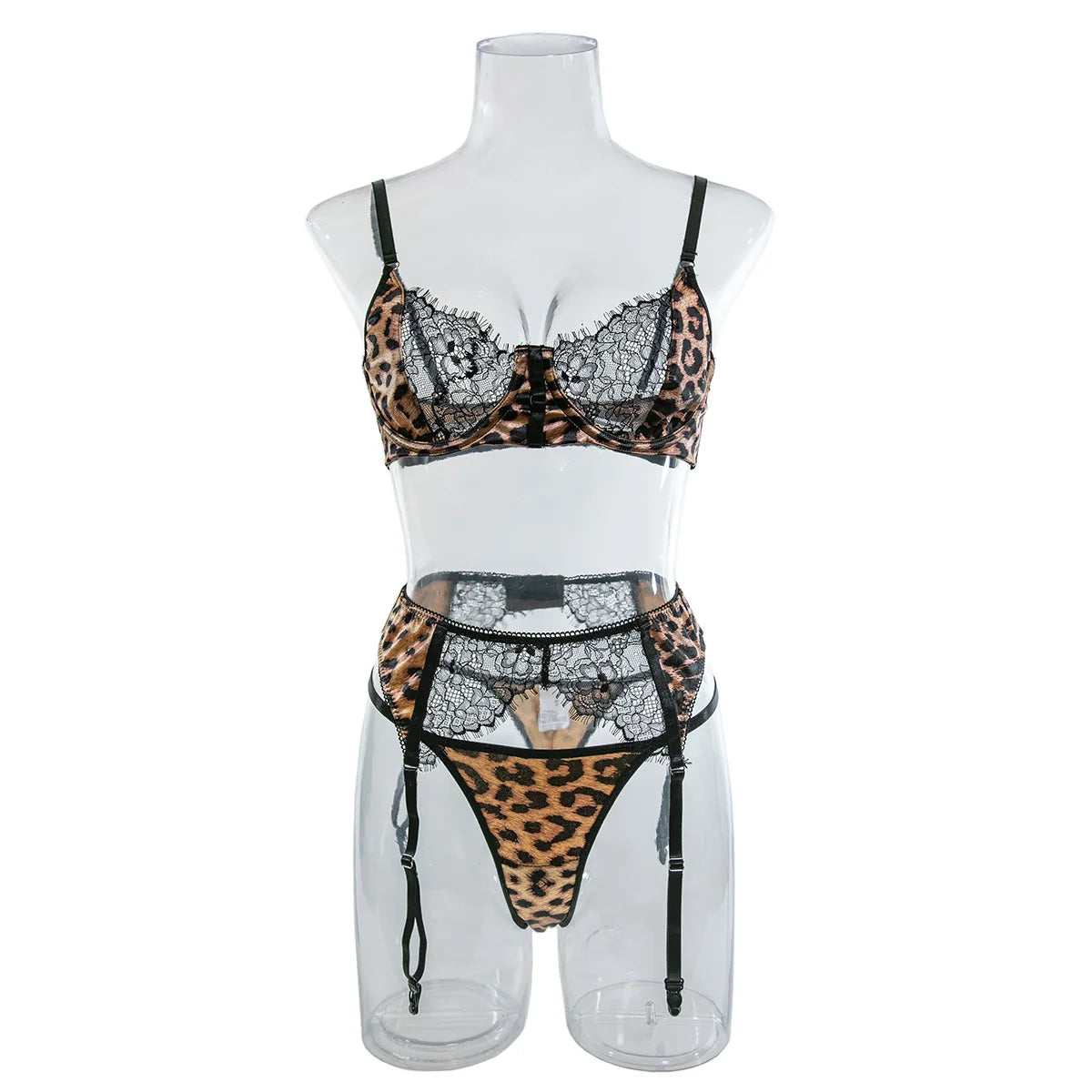 Yimunancy Leopard Print Lingerie Set Women Lace Patchwork Bra + Panty Underwear Set 3-Piece Garter Kit Intimates