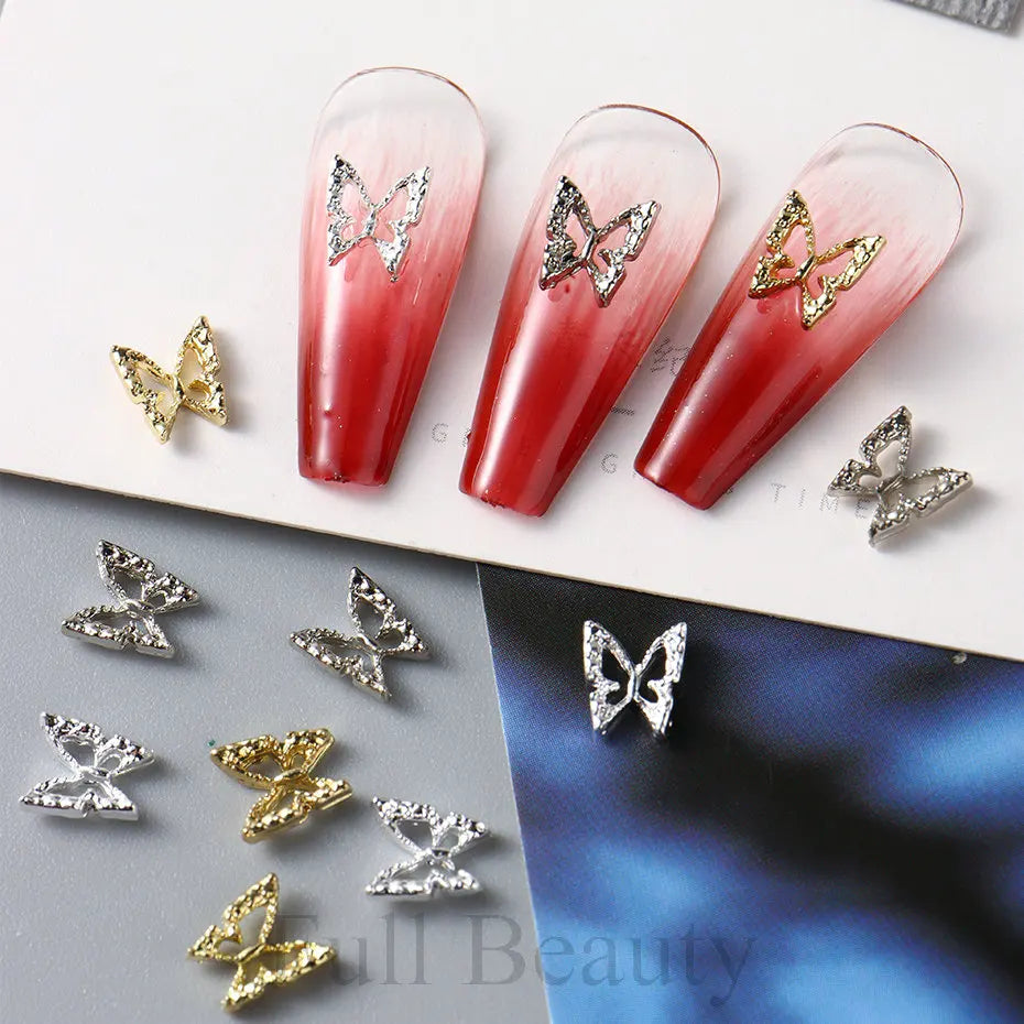 10pcs/pack Butterfly Shaped Nail Charms 3D Gold Silver Butterflies Rhinestone Zircon Jewelry DIY Nail Art Decoration Accessories