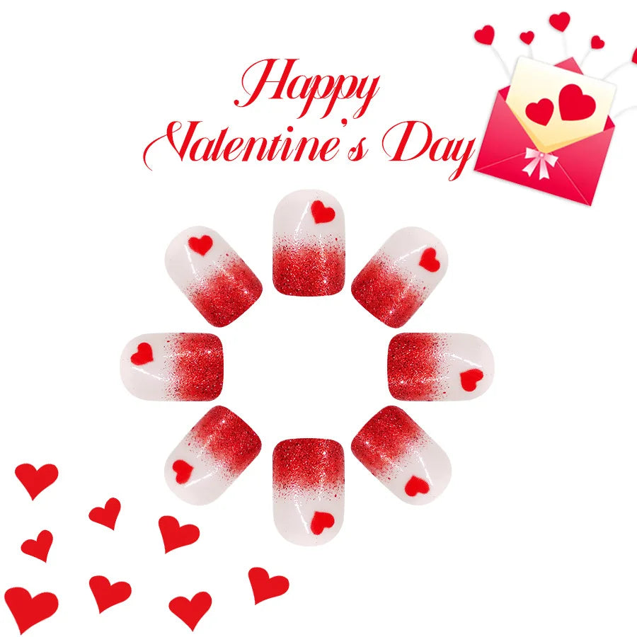 24pcs/set short Medium fake nails square ballet almond nail tips pink beautiful heart for Valentine's Day press on false nails