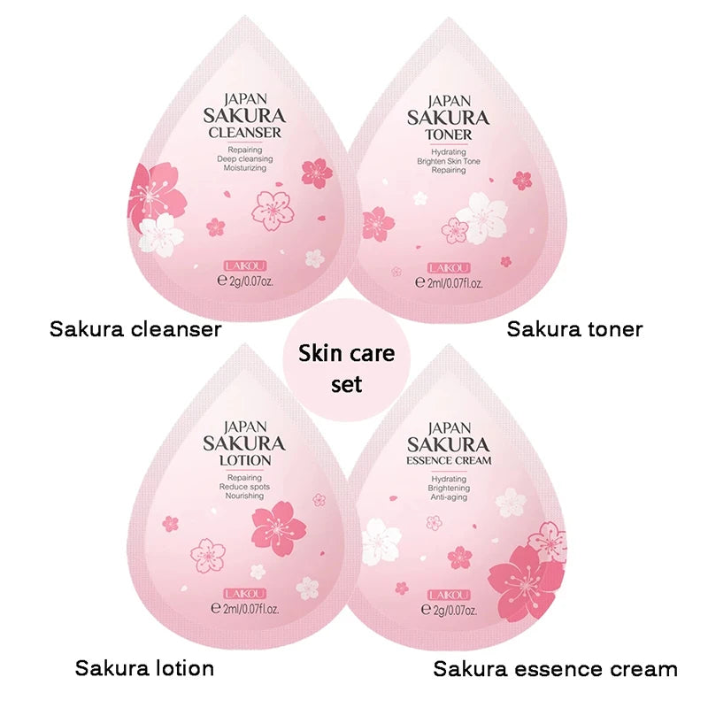 4pcs Skincare Sets Sakura Cleanser Face Cream Toner Eye Cream Deep Cleansing Moisturizer Oil Control Skin Care Kit Travel Outfit