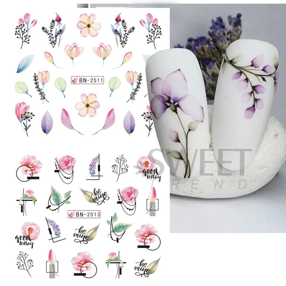 12 Design Floral Nail Art Stickers Water Decals Transfer Summer Painting Flower Leaf Rose Manicure Decoration Nail Sliders Wraps