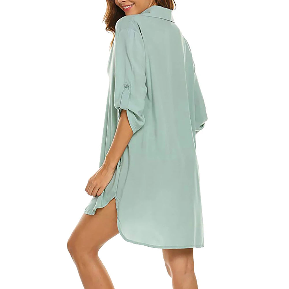 Summer Dress Shirts Beach Holiday Casual Chiffon Comfortable Cover Up Deep Flexible Sun Protection
