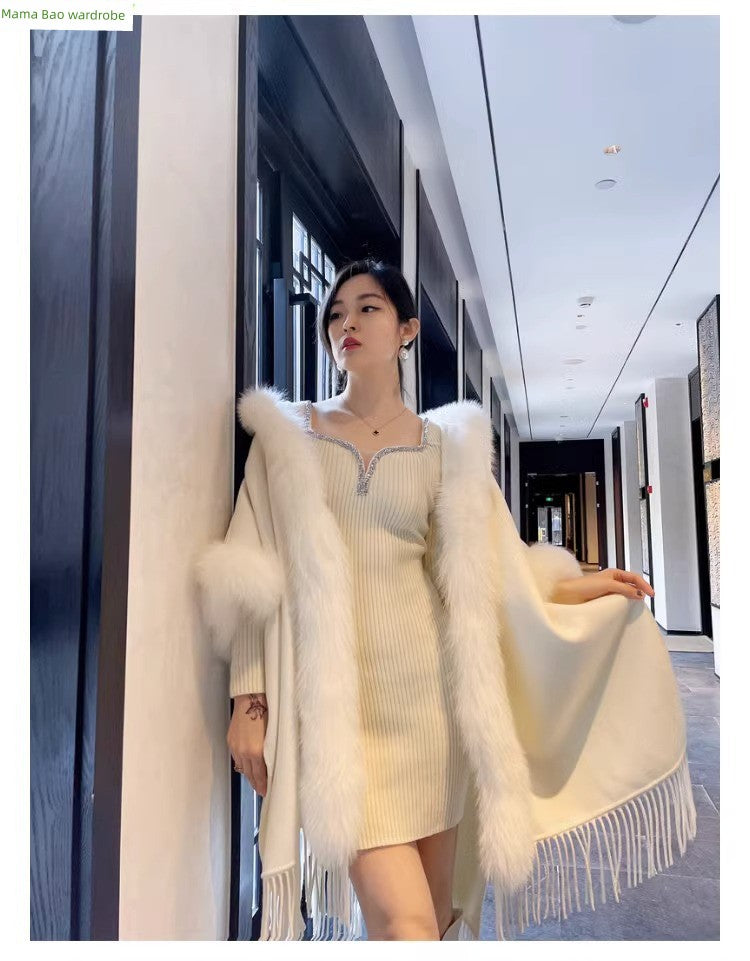 Thickened All-Matching Double-Sided Hooded Large Fur Collar Cape and Shawl