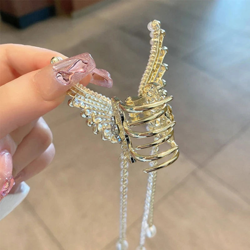 Super Fairy Butterfly Tassel Grab with Diamond Pearl Angel Wings Back Head Hair Grab Female Summer Half Tie Hair Artifact