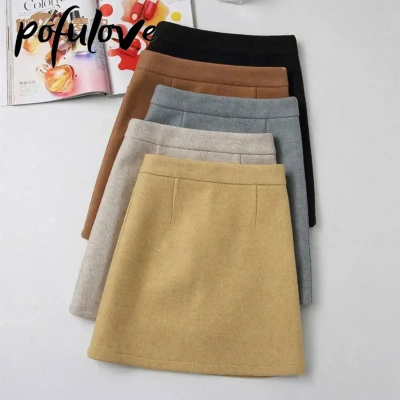 Woolen Skirt Women Winter Autumn Mini Skirts A Line Wrap Hip Korean Fashion A Line Harajuku Faldas Black Skirt
