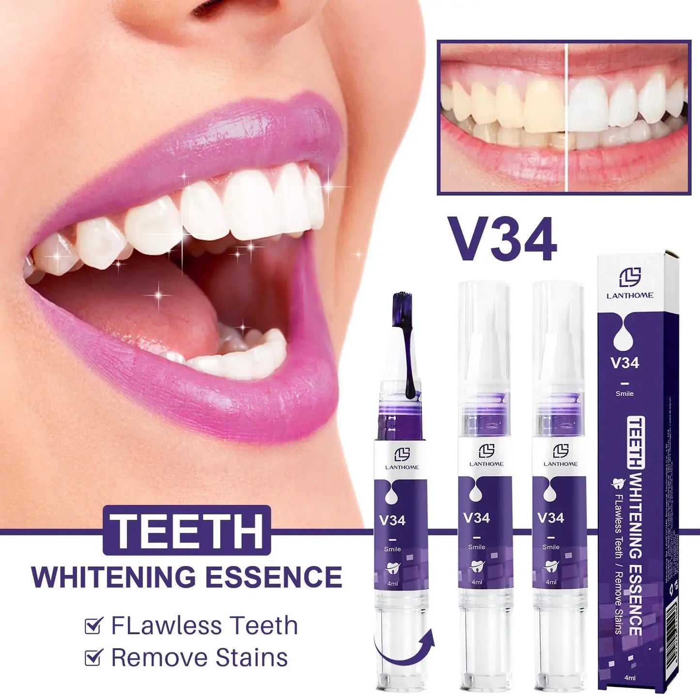 V34 Purple Teeth Whitening Toothpaste Remove Plaque Stains Cleaning Oral Hygiene Dental Bleach Tools Fresh Breath Beauty Health