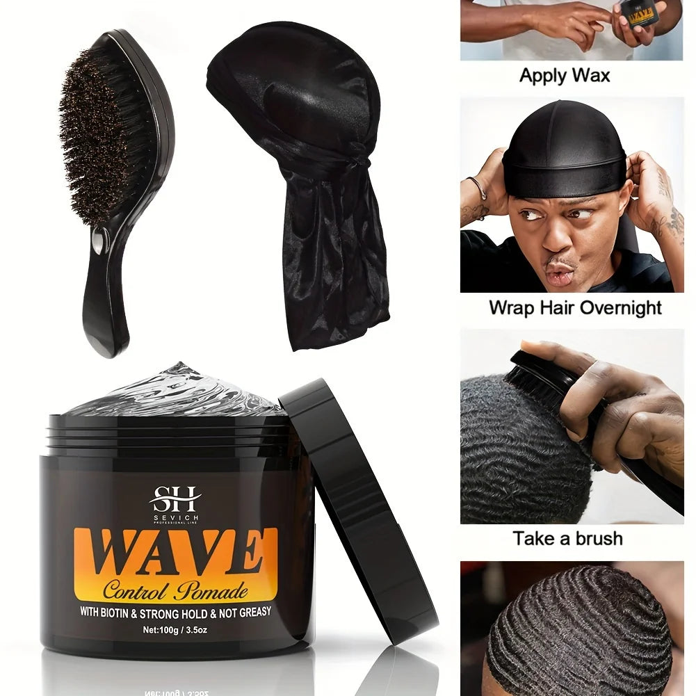 100g Waves Control Pomade Set 360 Wavy Hair Oil With Brush Natural Silky Shine Style Sport Waves Cream For African Black Men