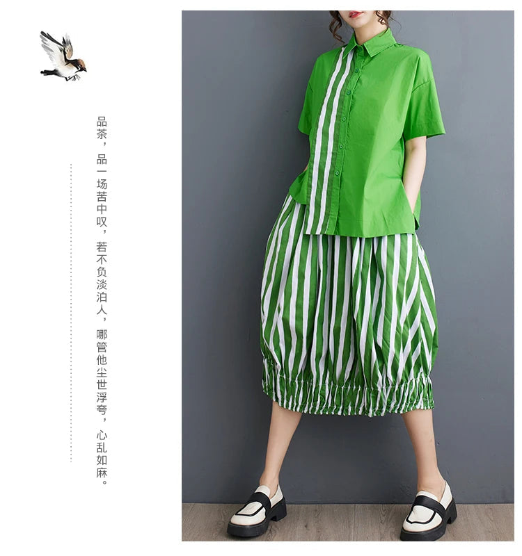 Summer Striped Print 2 Two Piece Set Women Irregular Patchwork Fashion Ladies Cropped Shirts Loose Casual Pleated Woman Skirts Viralgem Store