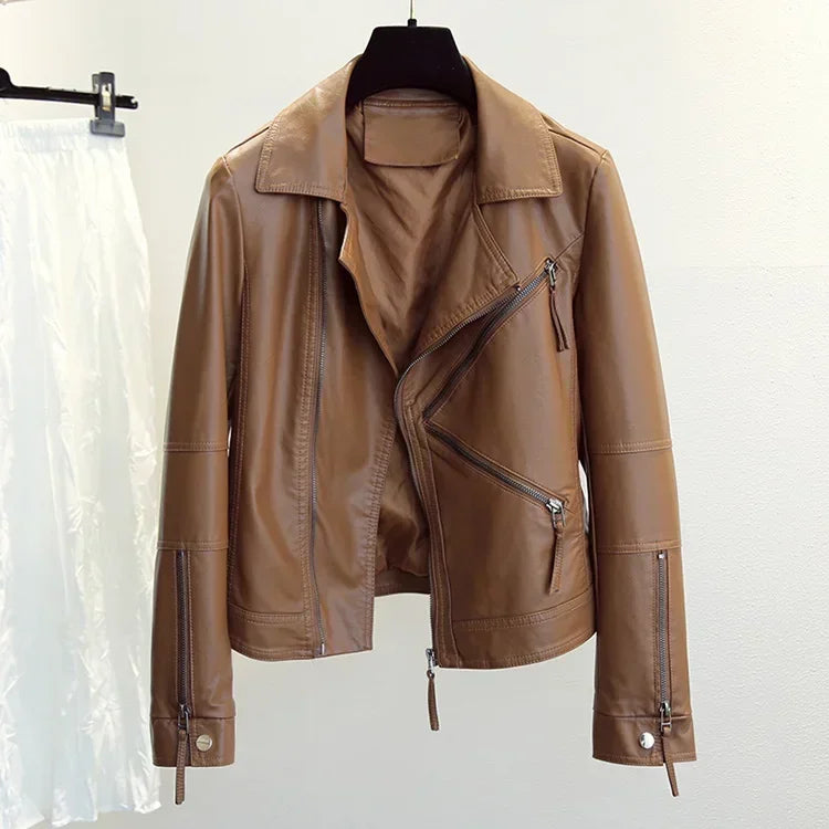 Spring Autumn Vintage Faux Leather Jacket Women Brown Moto Biker  Leather Coats Casual Street Wear Zipper PU Basic Outwear