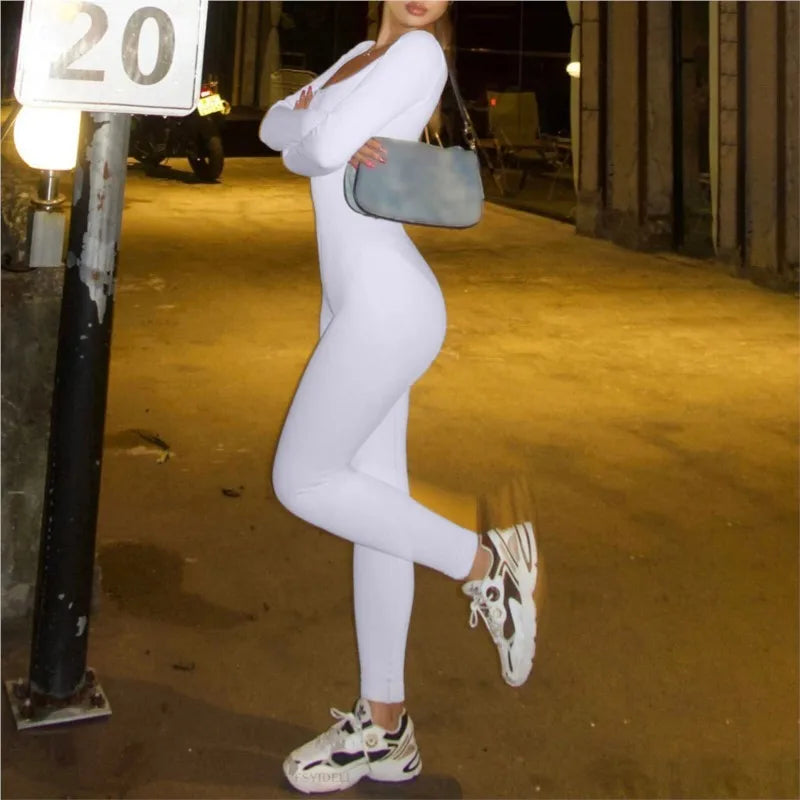Women Elegant Skinny Jumpsuits Fall Winter Solid Ribbed Knit Long Sleeve Jumpsuit Y2k Square Neck Bodycon Sport Playsuits Female Viralgem Store