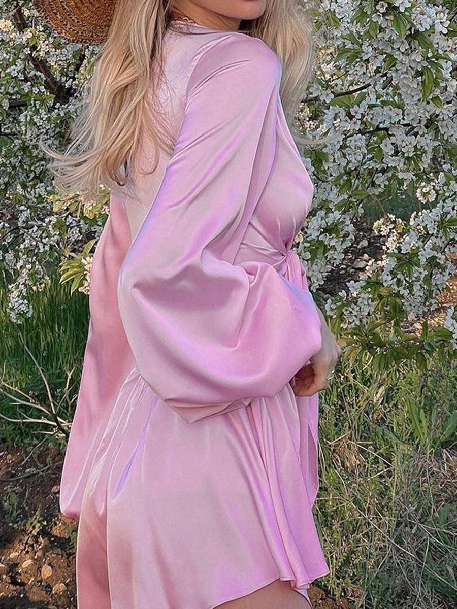 Women s Two Piece Outfits Low Cut Tie Front Pajamas Set Summer Long Sleeve Shorts Loungewear Set Viralgem Store