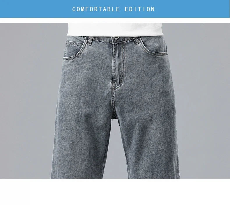 2025 New Summer Ultra-thin Lyocell Men's Jeans Drape Soft Fabric Loose Straight Casual Denim Pant Elastic Ice Silk Male Trousers