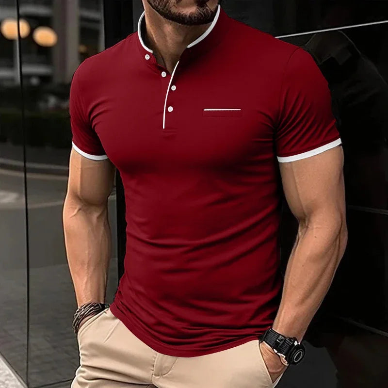2025 New Men's Casual and Fashionable Solid Color Short Sleeved Stand Up Collar T-shirt Summer Versatile and Comfortable Top